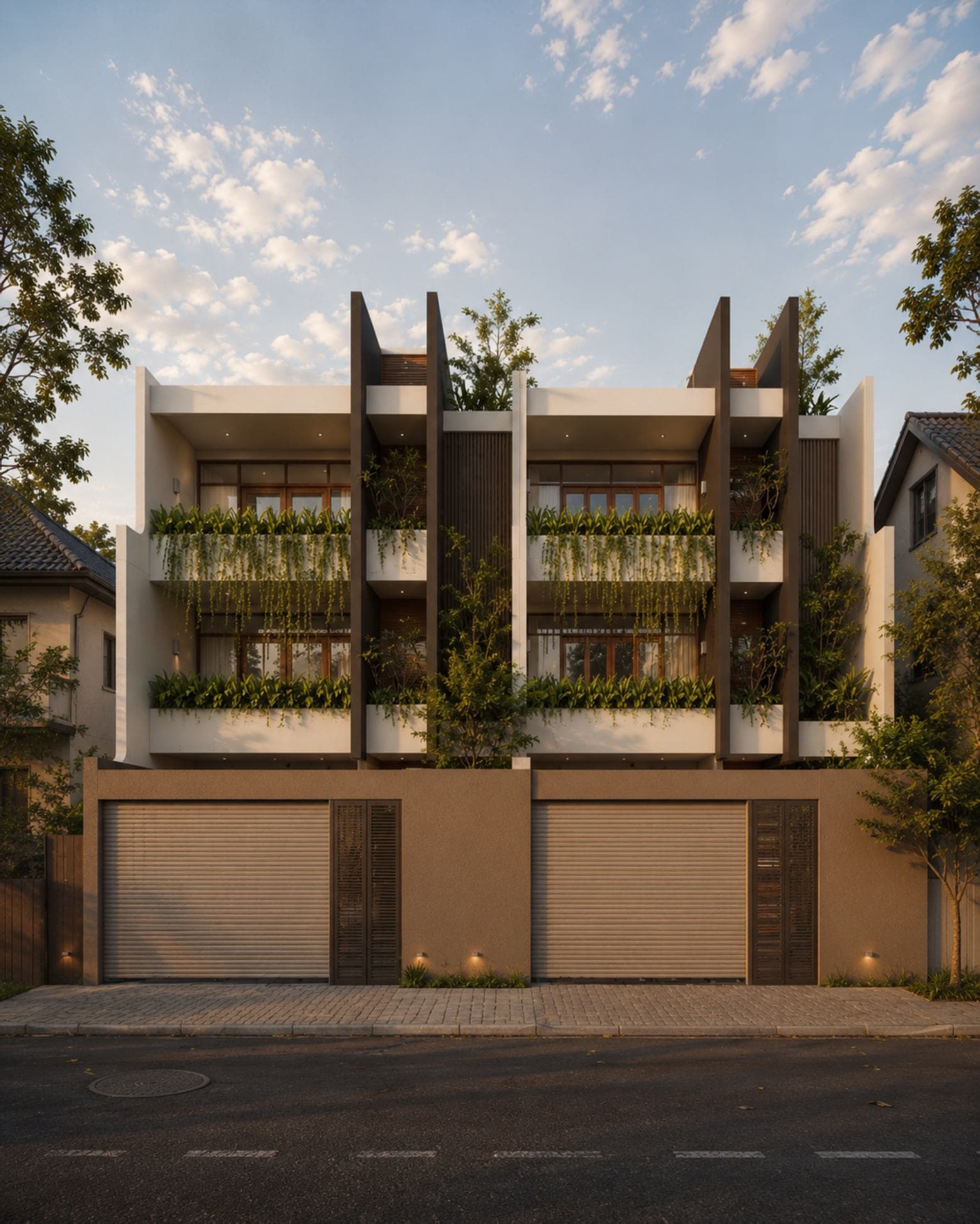No. 10/10A, Upul Place, Sirimal Uyana — twin street elevation with cascading balcony planting