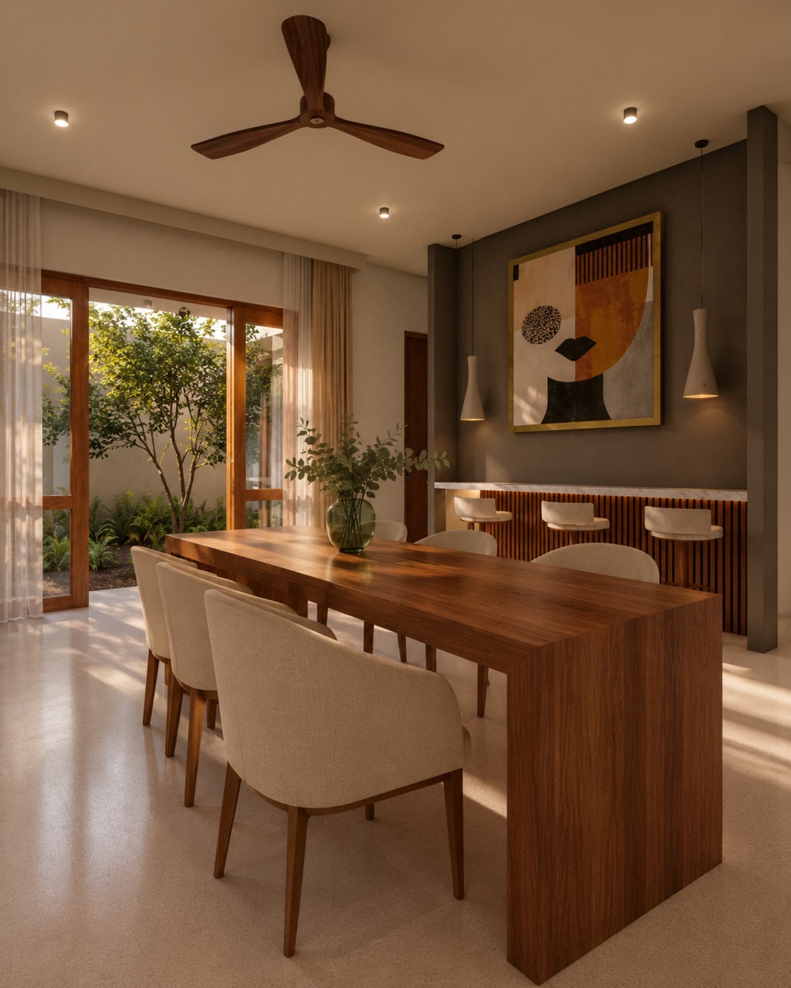 No. 10/10A, Upul Place, Sirimal Uyana — dining table beside the marble-topped bar and gallery wall