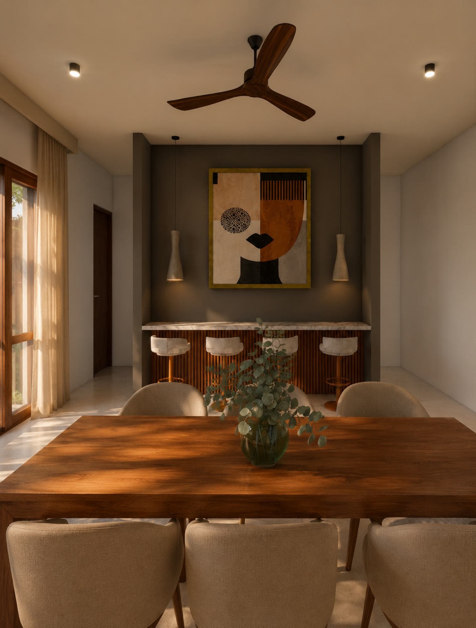No. 10/10A, Upul Place, Sirimal Uyana — dining and bar seating beneath pendant lights
