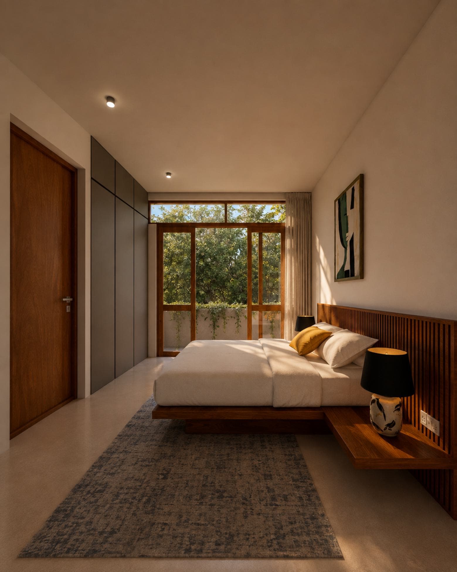 No. 10/10A, Upul Place, Sirimal Uyana — bedroom with slatted headboard and courtyard-facing balcony