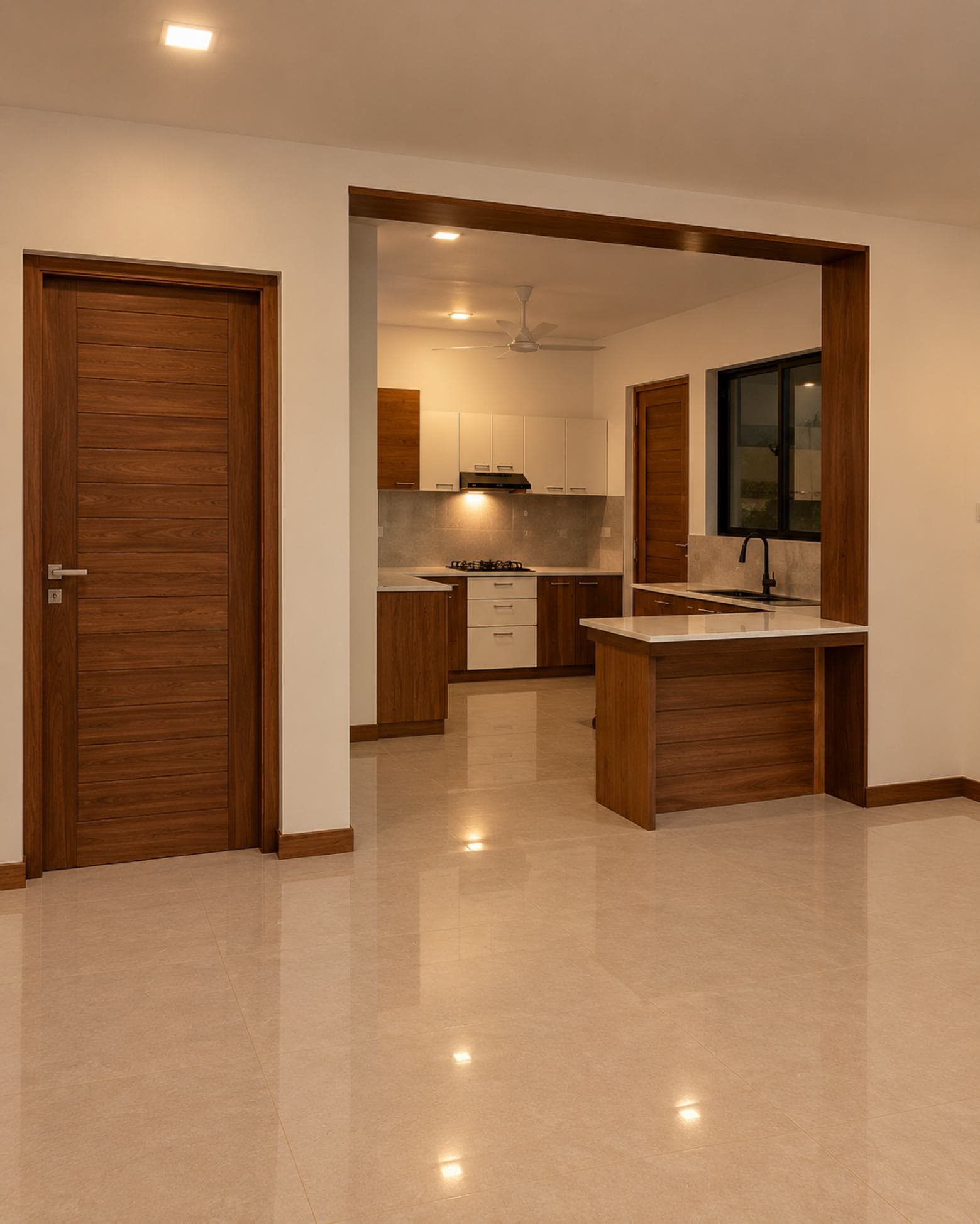 No. 11/11A, Saman Mawatha, Sirimal Uyana — living area opening to the kitchen through a timber-framed portal