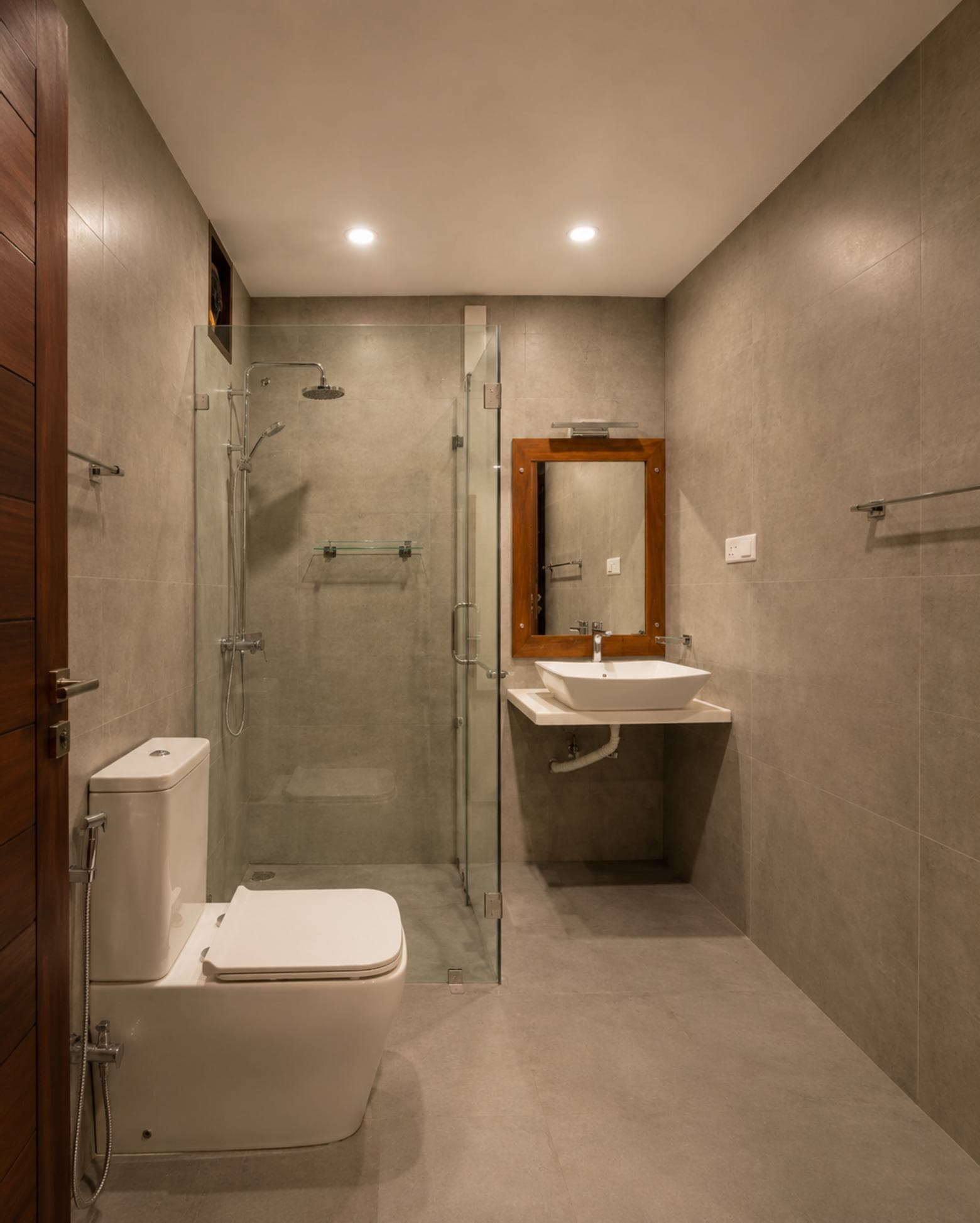 No. 11/11A, Saman Mawatha, Sirimal Uyana — bathroom with glazed walk-in shower and timber-framed mirror