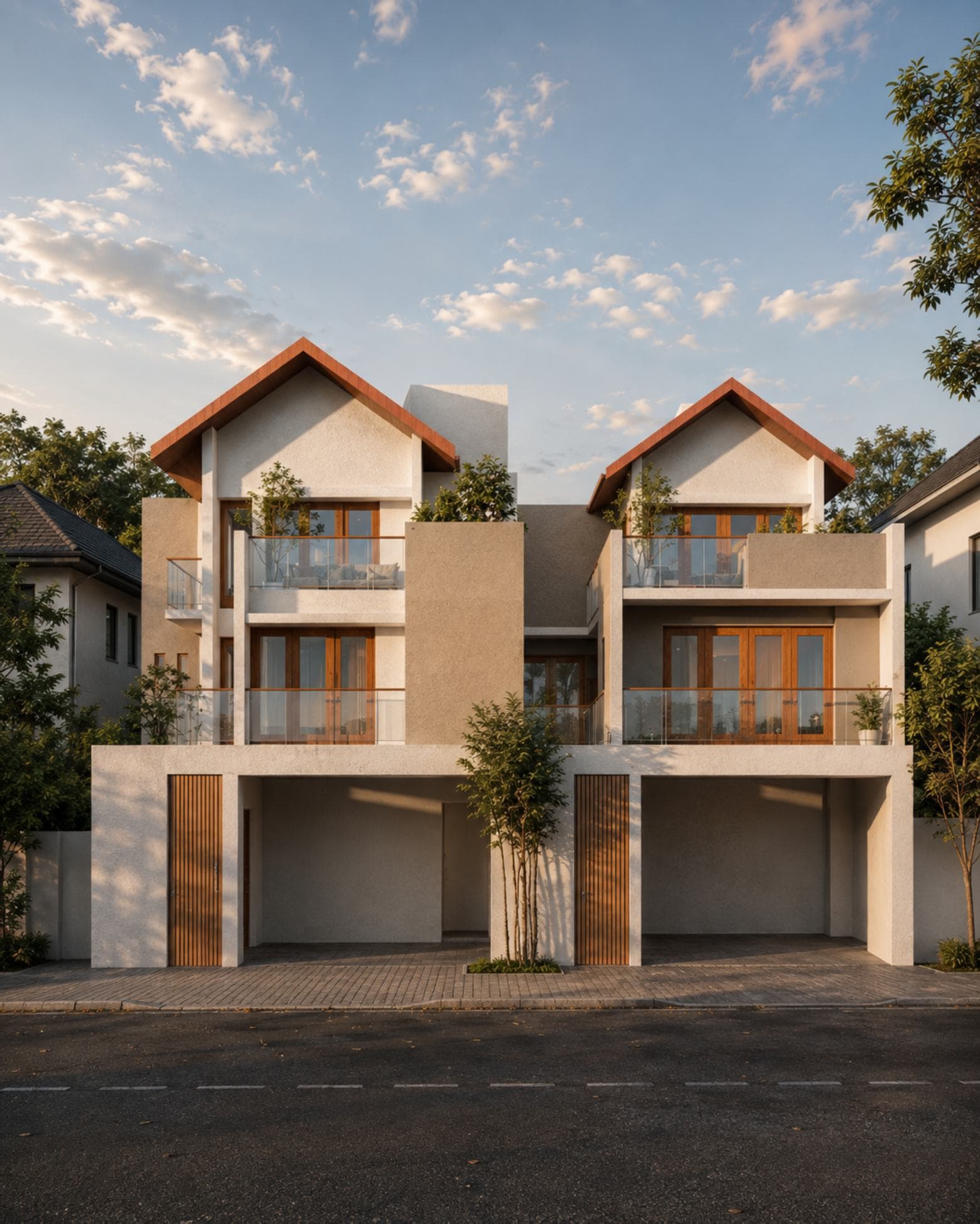 No. 22/22B, Mallikarama, Ratmalana — front elevation at golden hour, glass-balustraded balconies