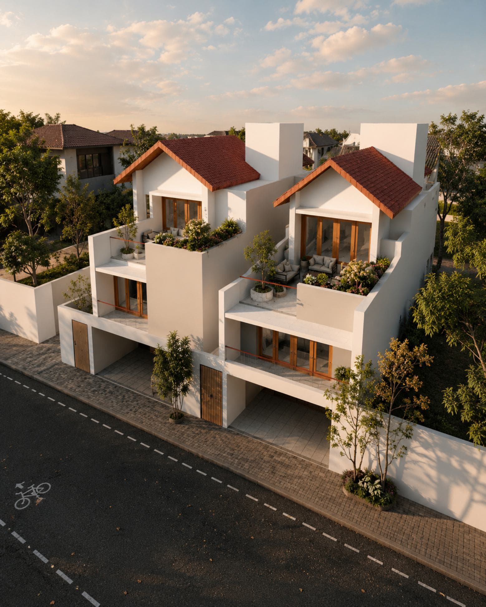 No. 22/22B, Mallikarama, Ratmalana — aerial view over the twin tiled roofs and planted roof terraces