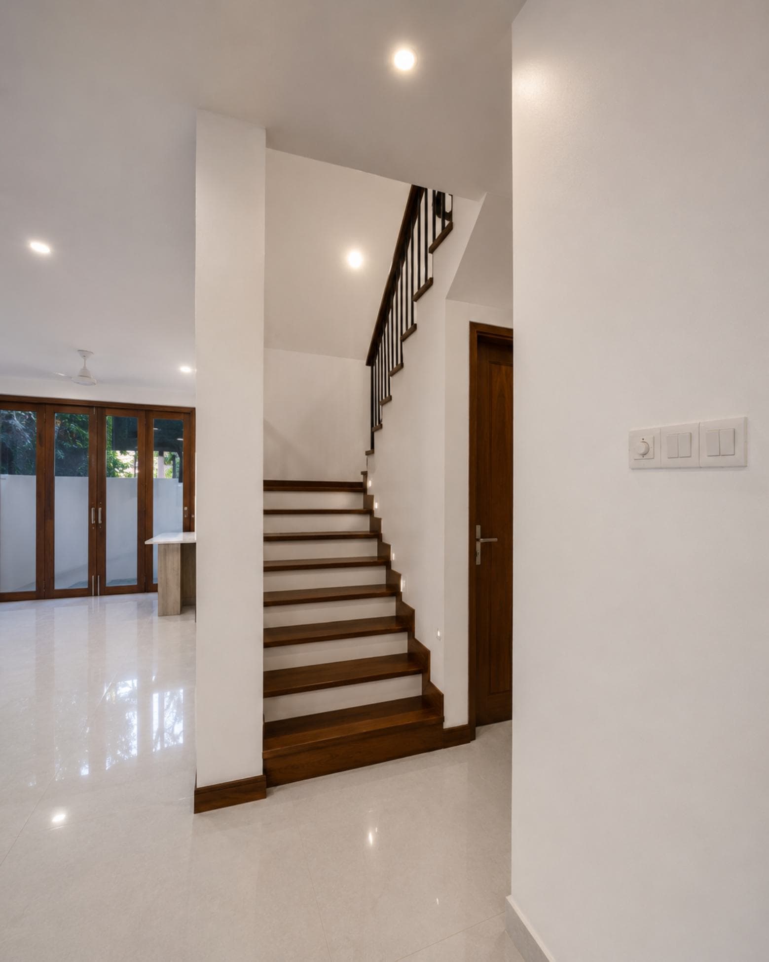 No. 45, Mallikarama Road, Ratmalana — hallway with the timber stair, living room beyond