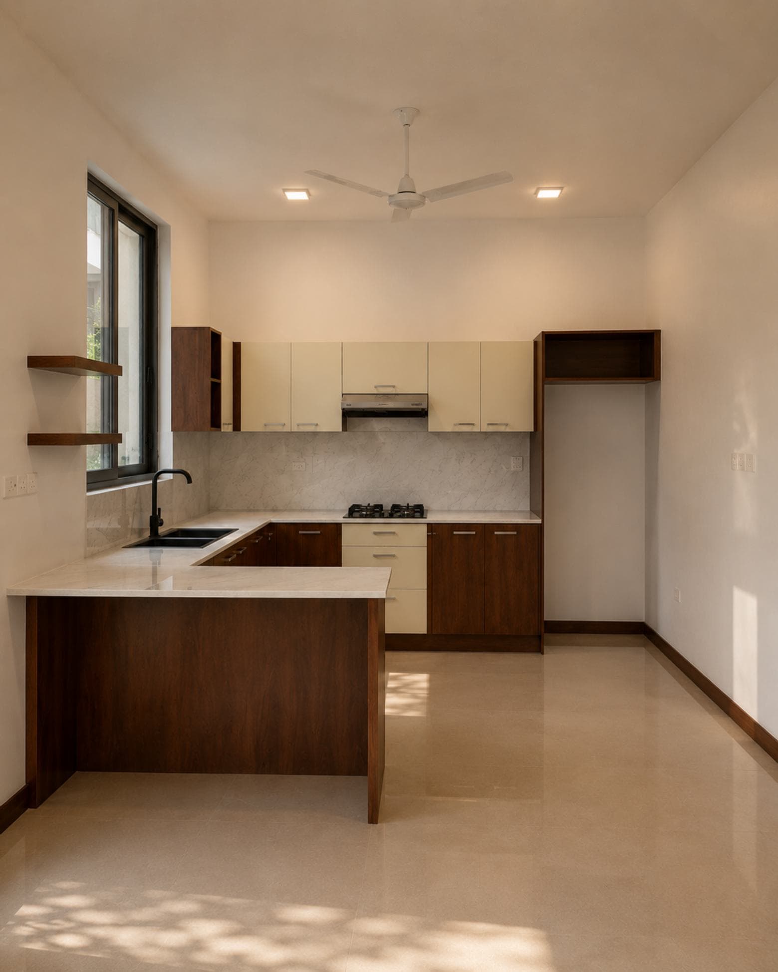 No. 47, Mallikarama Road, Ratmalana — kitchen with peninsula, marble splashback and timber joinery