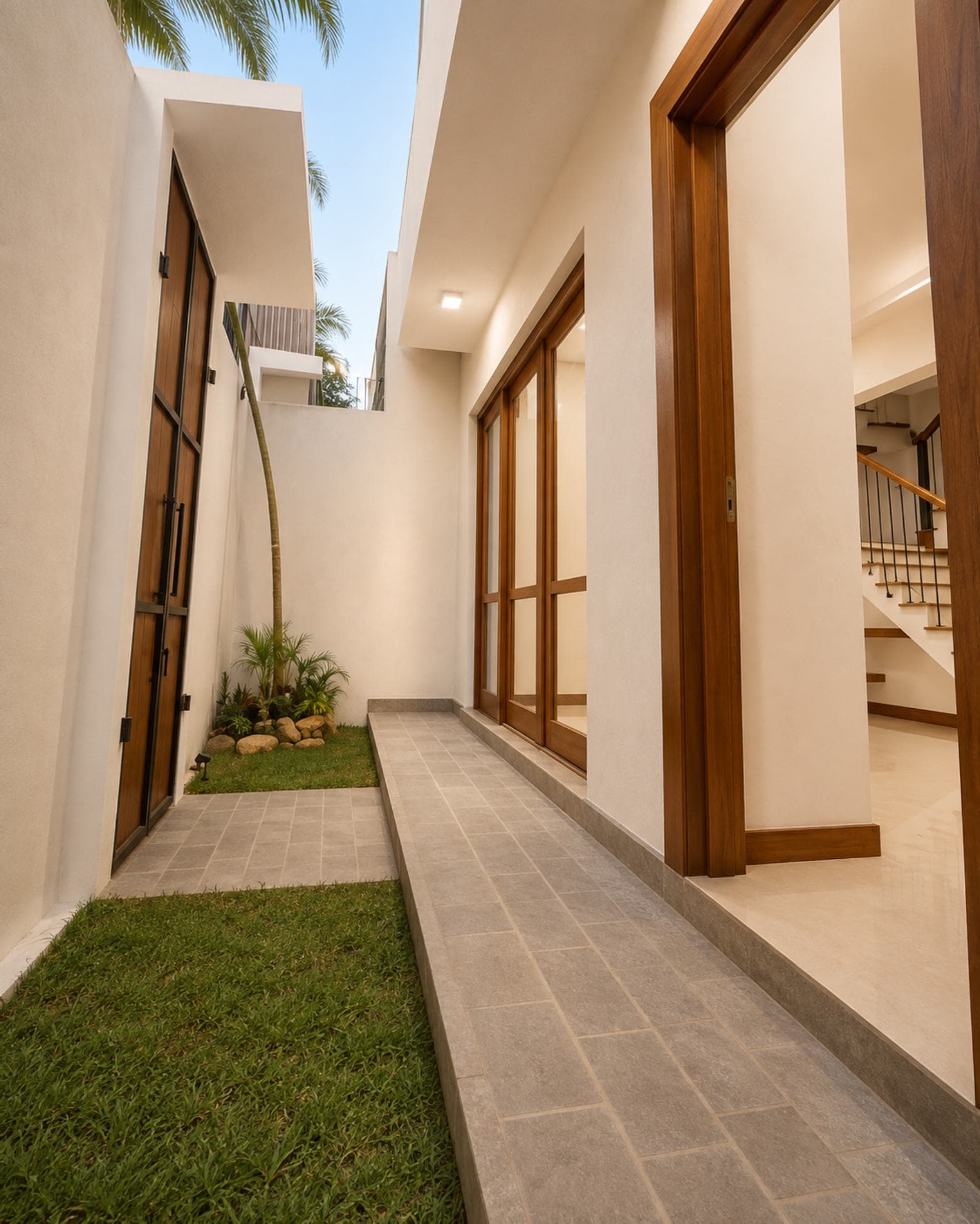 No. 47, Mallikarama Road, Ratmalana — walkway alongside the planted light well, stair visible inside