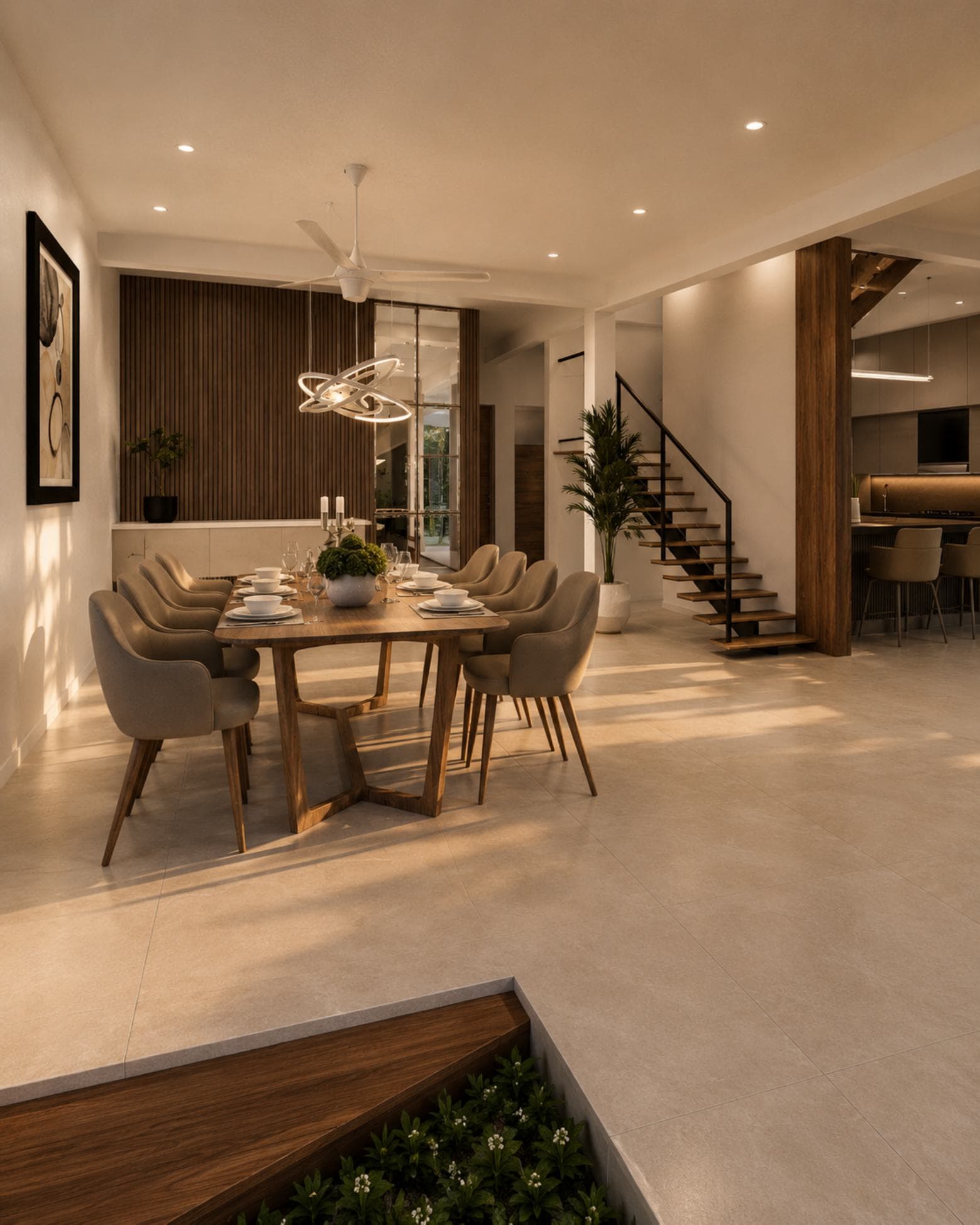 No. 48, Third Lane, Ratmalana — dining table for eight beneath the floating timber stair