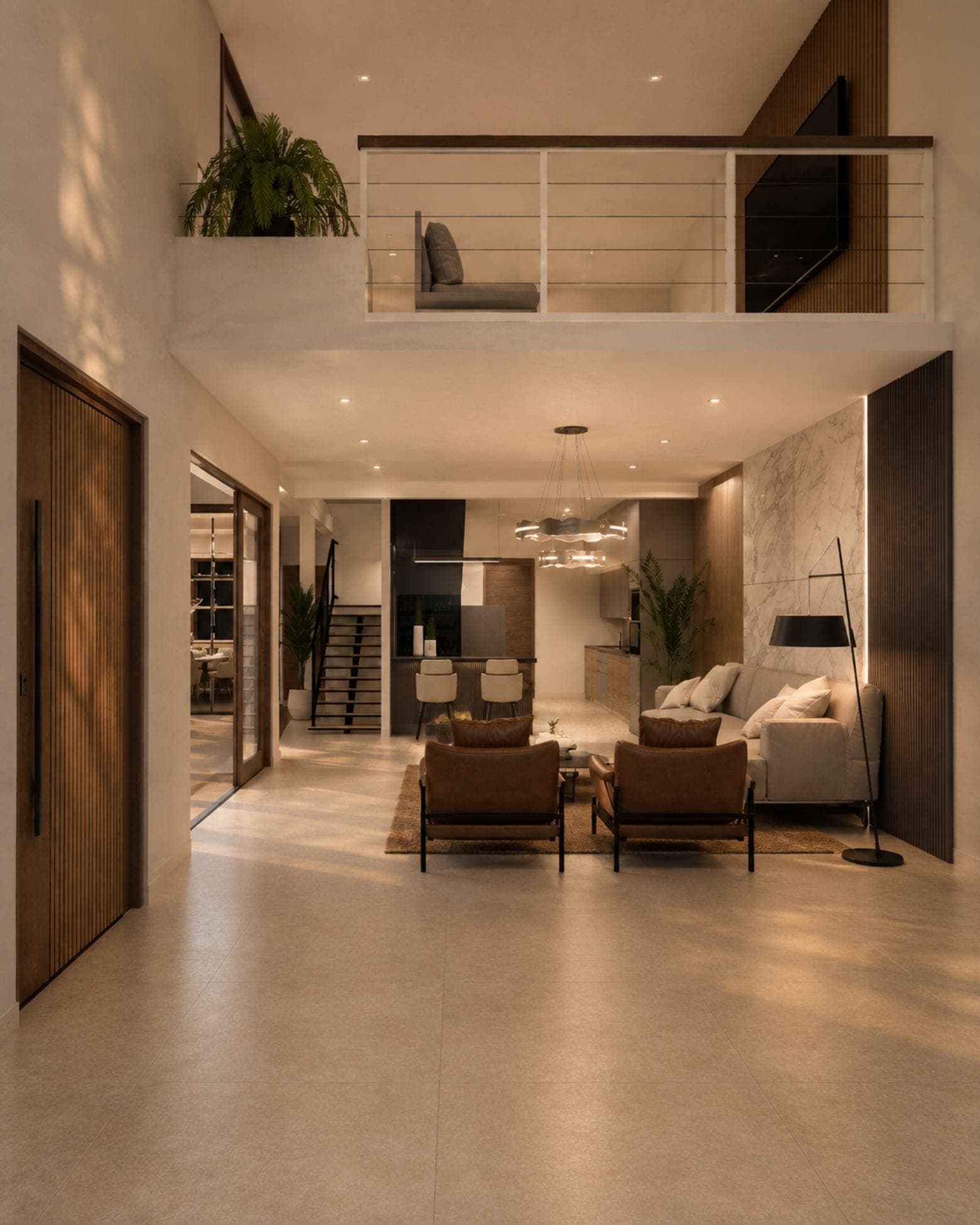 No. 48, Third Lane, Ratmalana — double-height entrance hall with mezzanine gallery above
