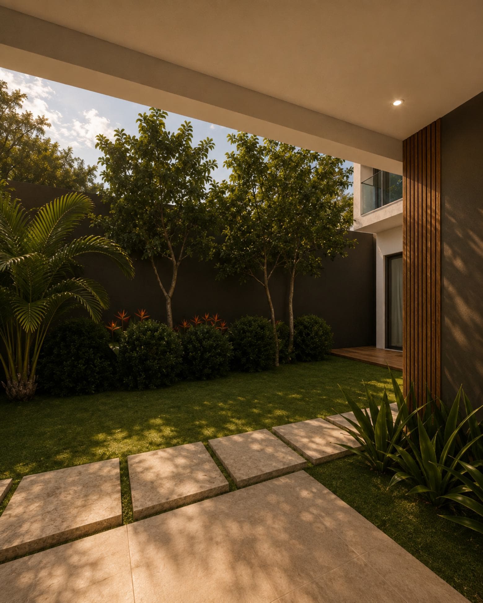 No. 48, Third Lane, Ratmalana — rear lawn with stepping stones and planted boundary