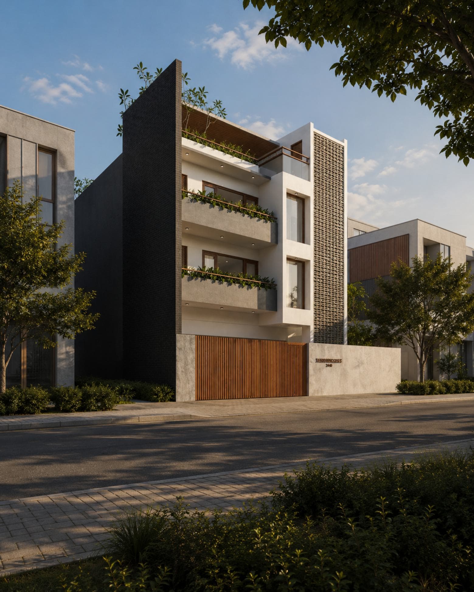 No. 5, Bovita Place, Dehiwala-Mount Lavinia — full-height street view, stacked planted balconies against a dark brick flank