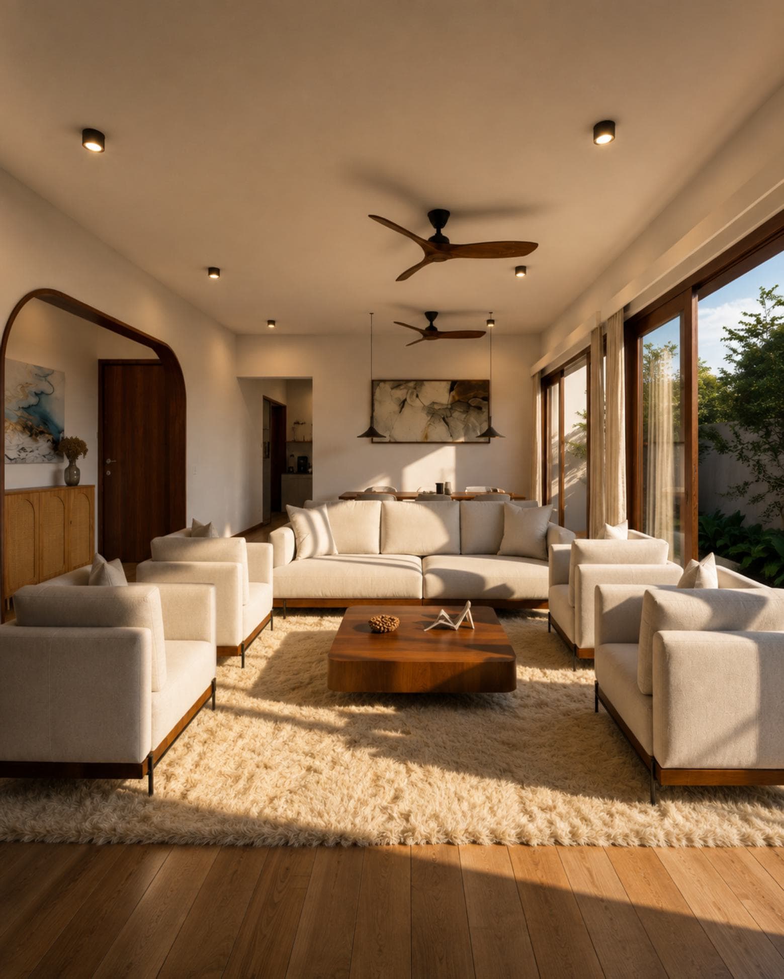 No. 5, Bovita Place, Dehiwala-Mount Lavinia — living room with arched timber portal, sliding doors to the garden