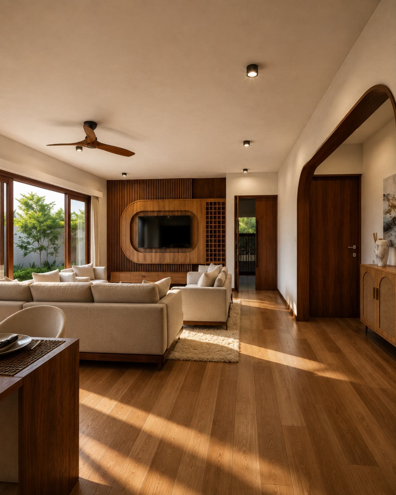 No. 5, Bovita Place, Dehiwala-Mount Lavinia — living room with fluted timber media wall
