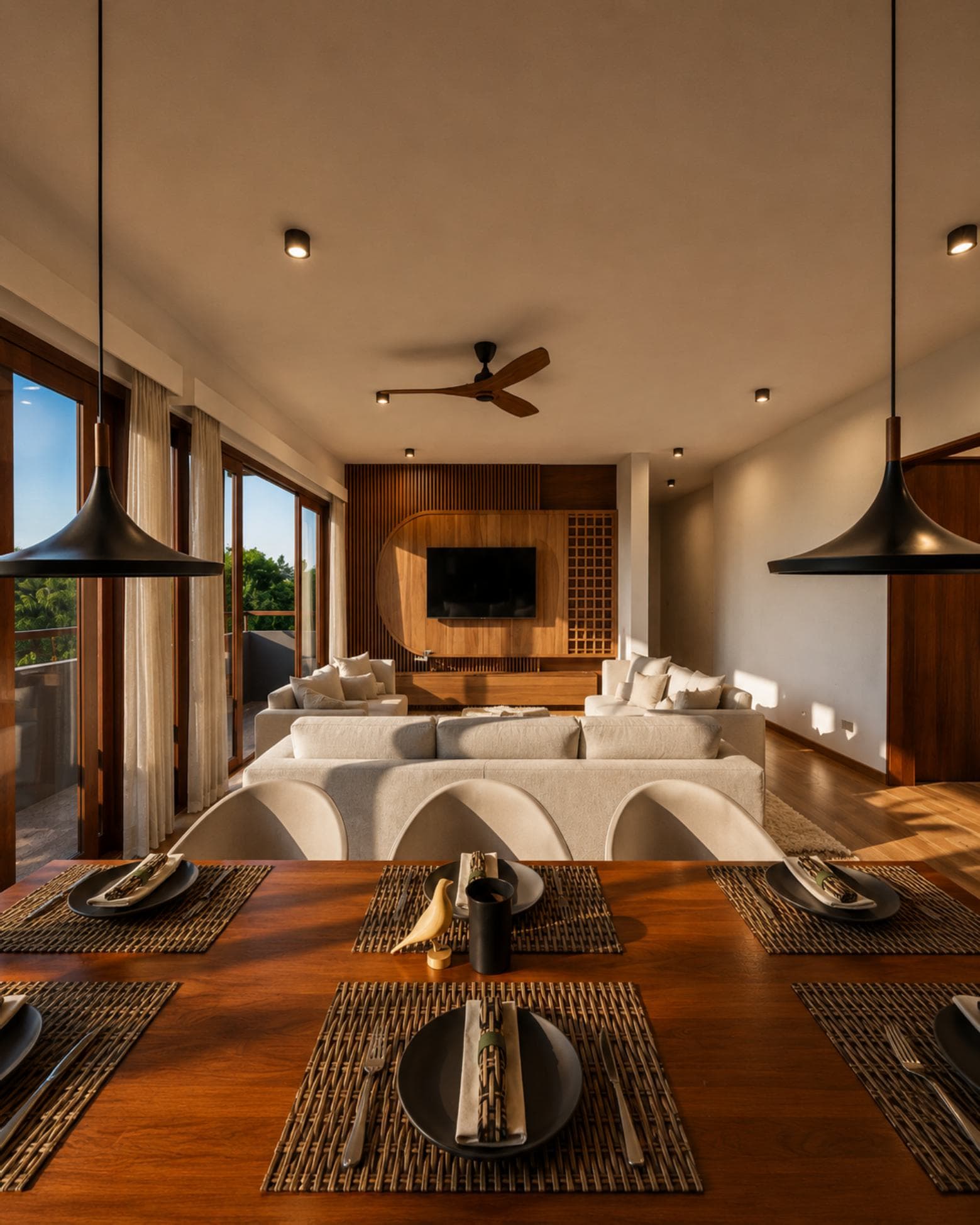 No. 5, Bovita Place, Dehiwala-Mount Lavinia — dining table with the living room and balcony beyond