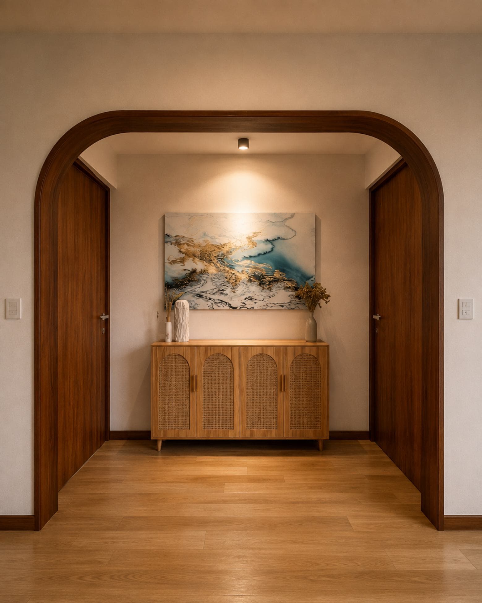 No. 5, Bovita Place, Dehiwala-Mount Lavinia — entrance hall framed by an arched timber portal