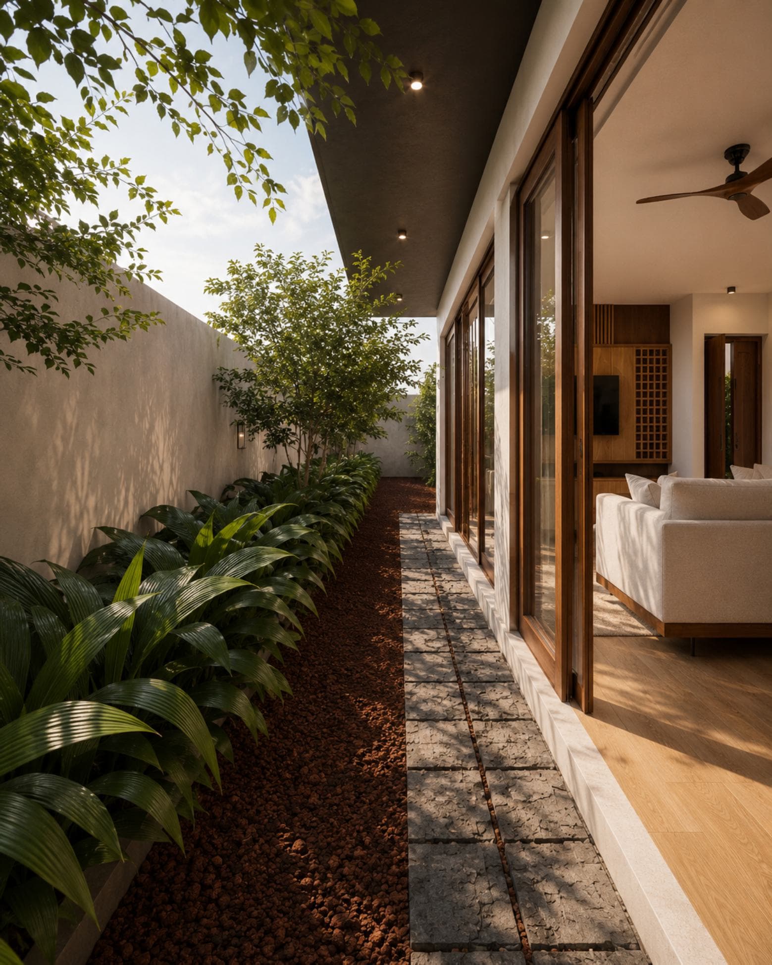 No. 5, Bovita Place, Dehiwala-Mount Lavinia — side courtyard planting alongside the living room's sliding doors