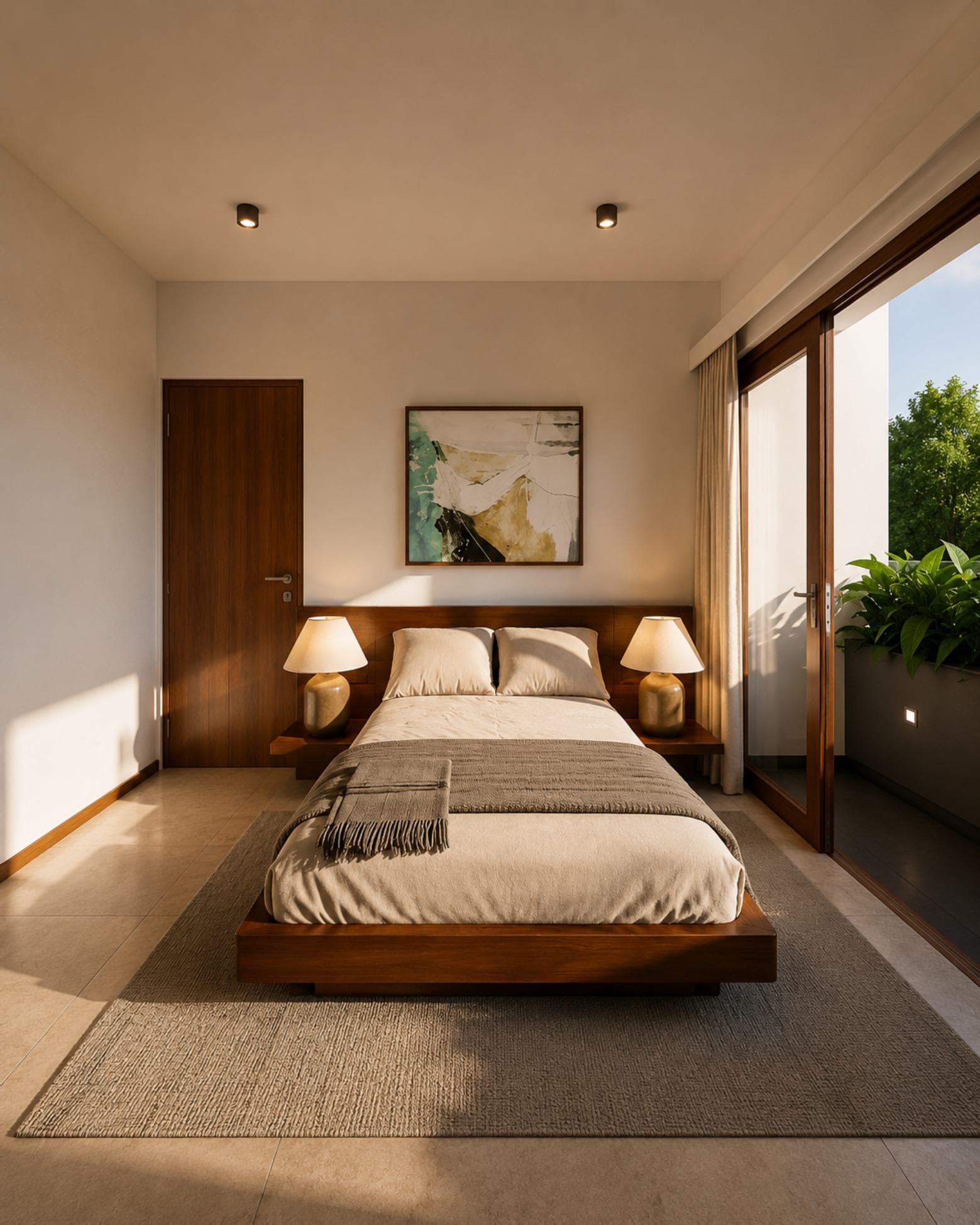 No. 5, Bovita Place, Dehiwala-Mount Lavinia — bedroom with timber platform bed and balcony