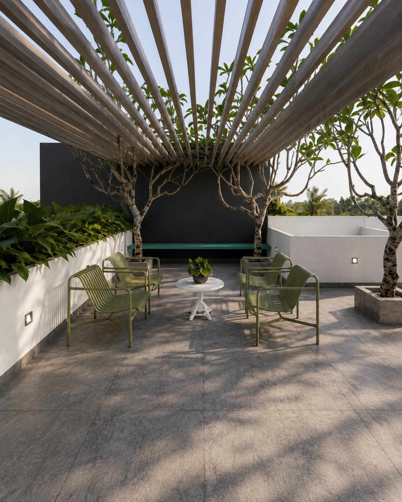 No. 5, Bovita Place, Dehiwala-Mount Lavinia — roof terrace under a timber pergola, frangipani in raised planters