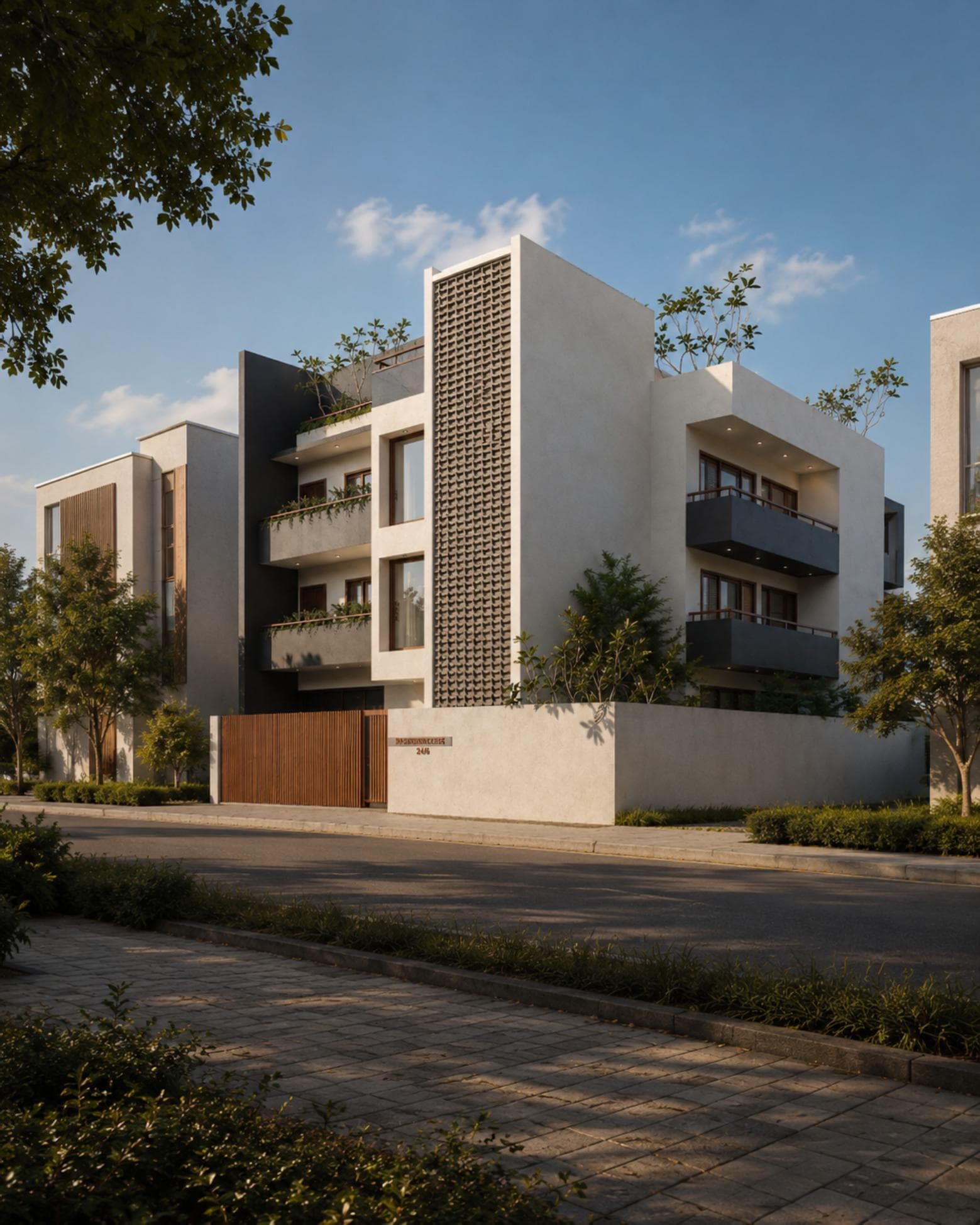 No. 5, Bovita Place, Dehiwala-Mount Lavinia — street corner elevation, perforated screen wall and timber gate