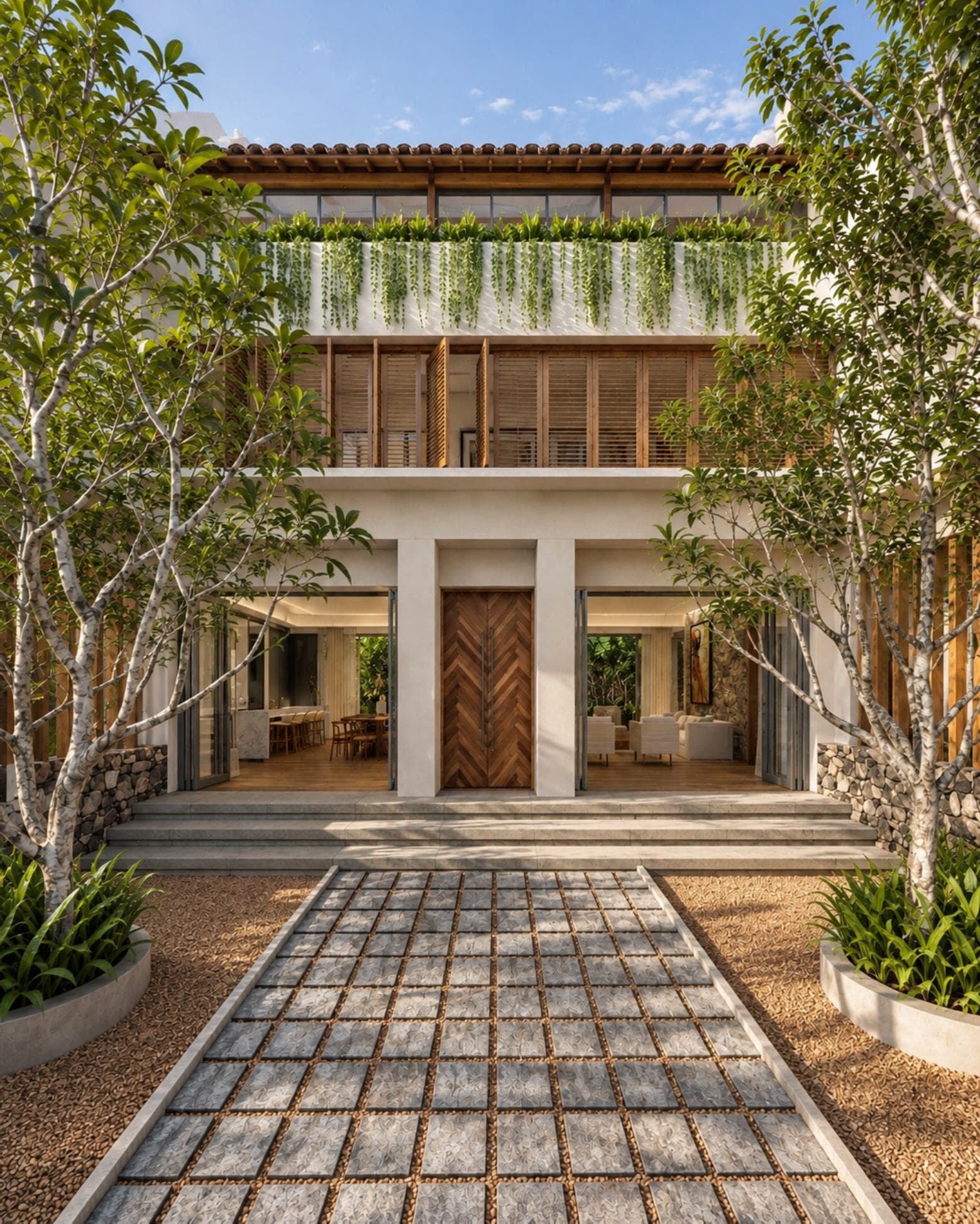 Templers Road 60/1, Mount Lavinia — dusk garden approach, chevron-pattern timber front door flanked by folding glass doors