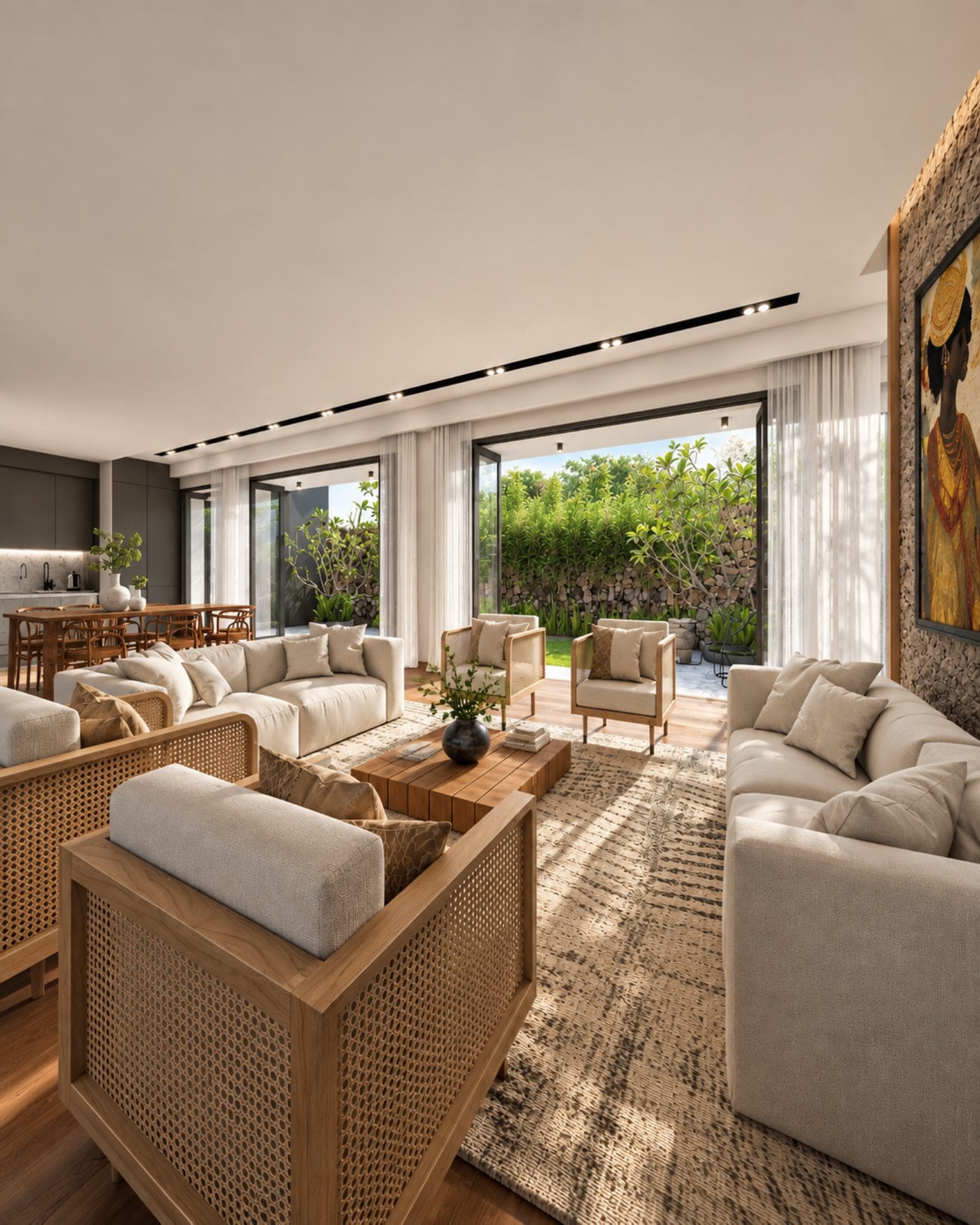 Templers Road 60/1, Mount Lavinia — open living, dining and kitchen opening to the garden through sheer curtains