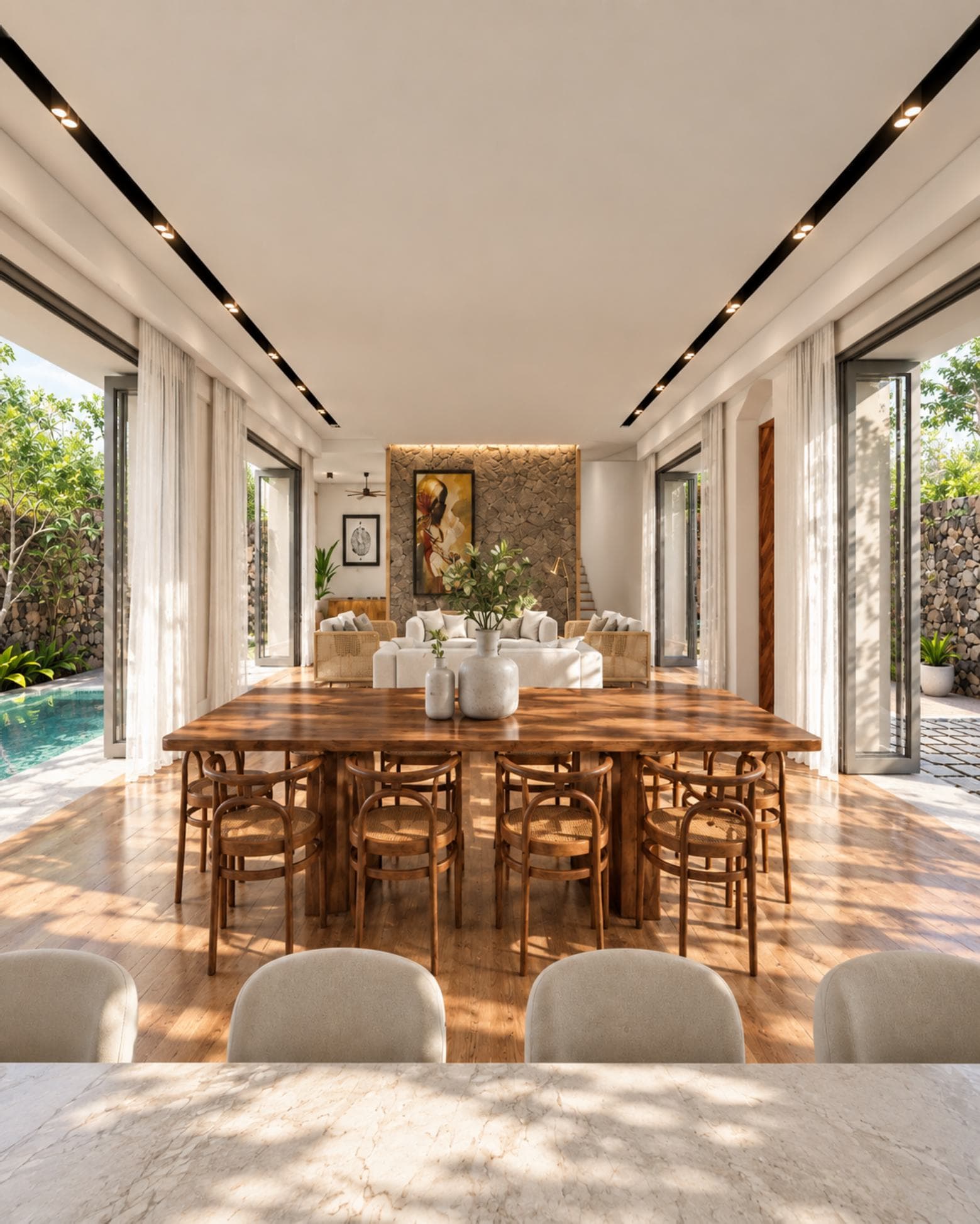 Templers Road 60/1, Mount Lavinia — dining room, long table for ten between the pool deck and living room