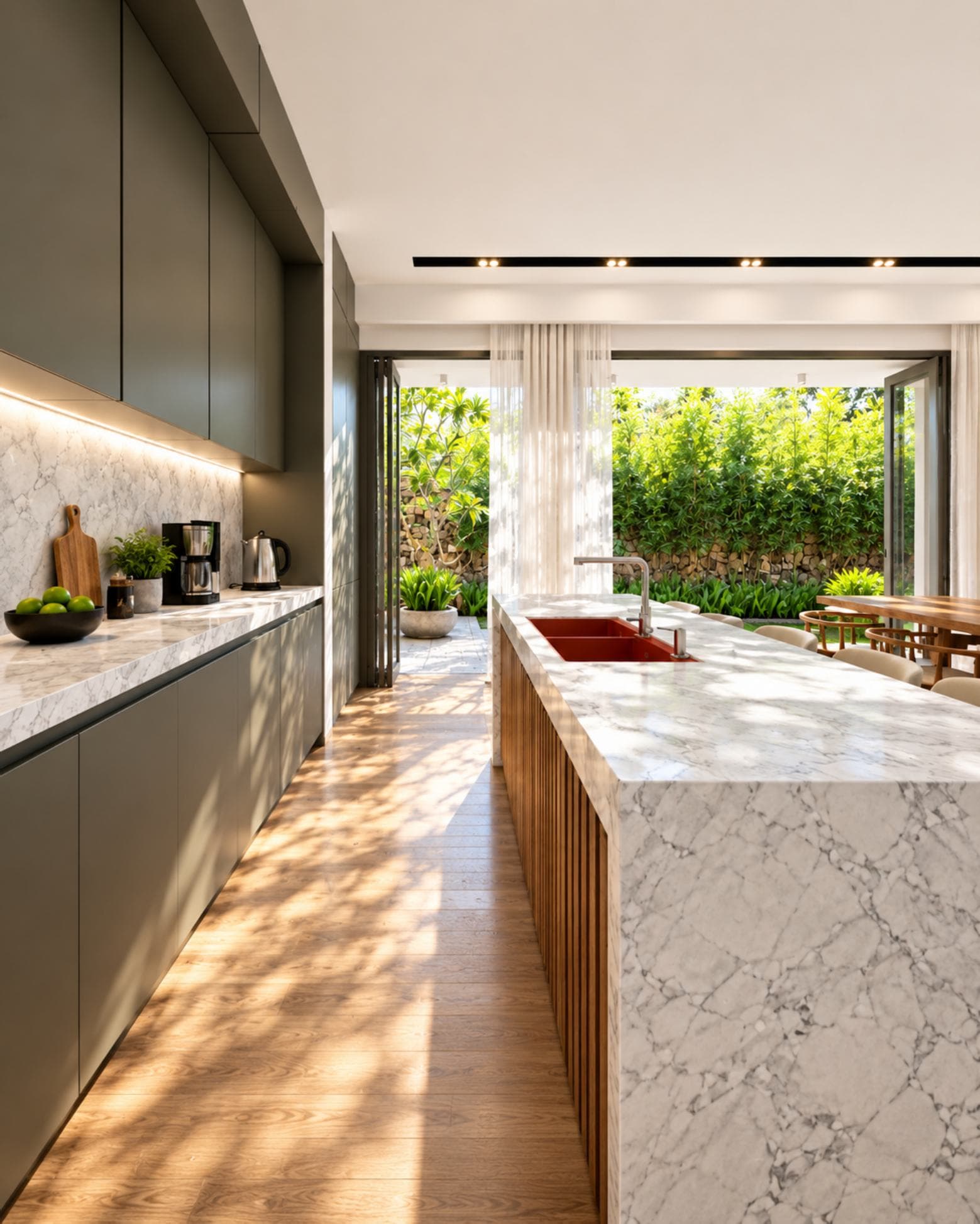 Templers Road 60/1, Mount Lavinia — kitchen with marble waterfall island, red sink and garden view