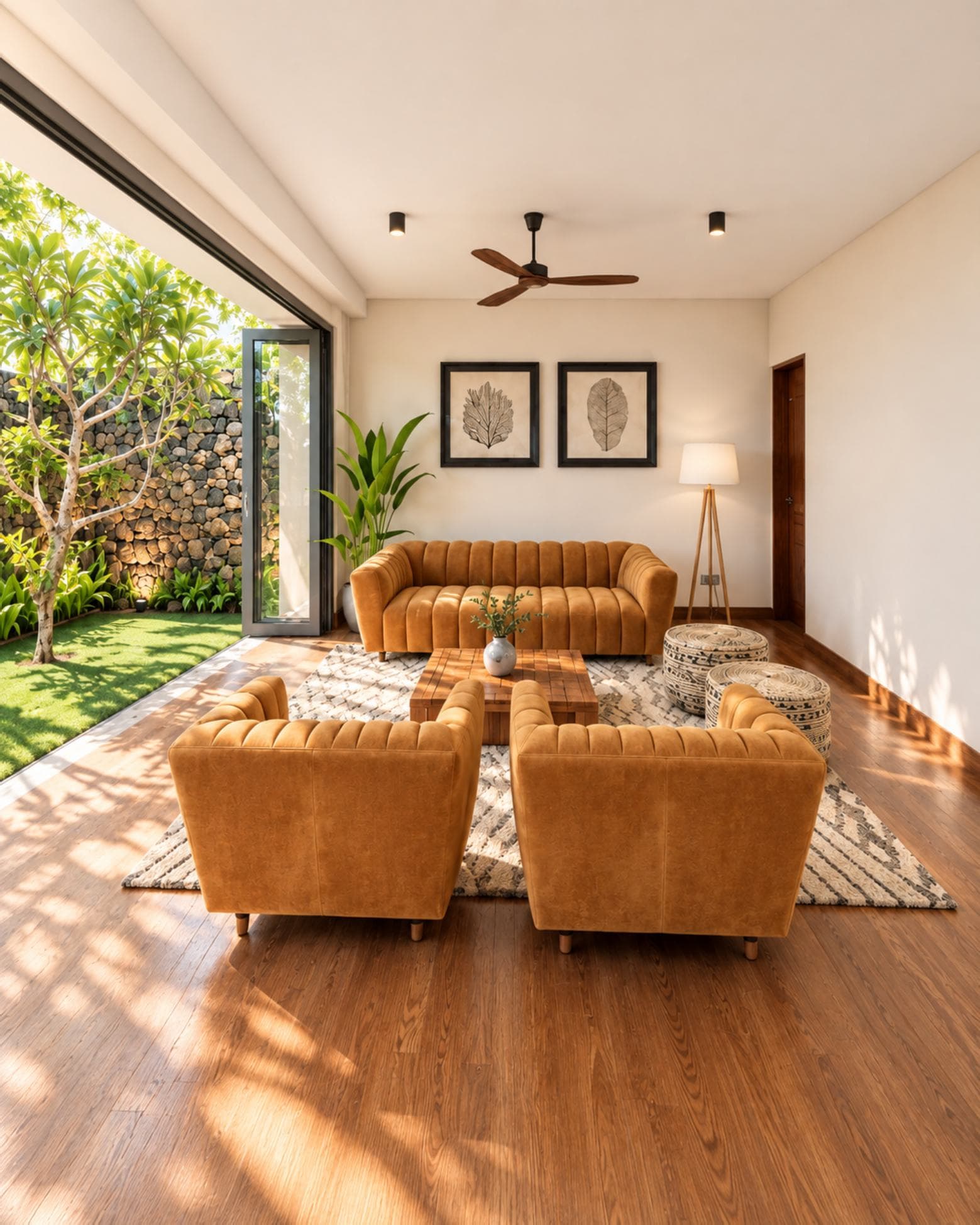 Templers Road 60/1, Mount Lavinia — second lounge with tan leather sofas opening to a private garden