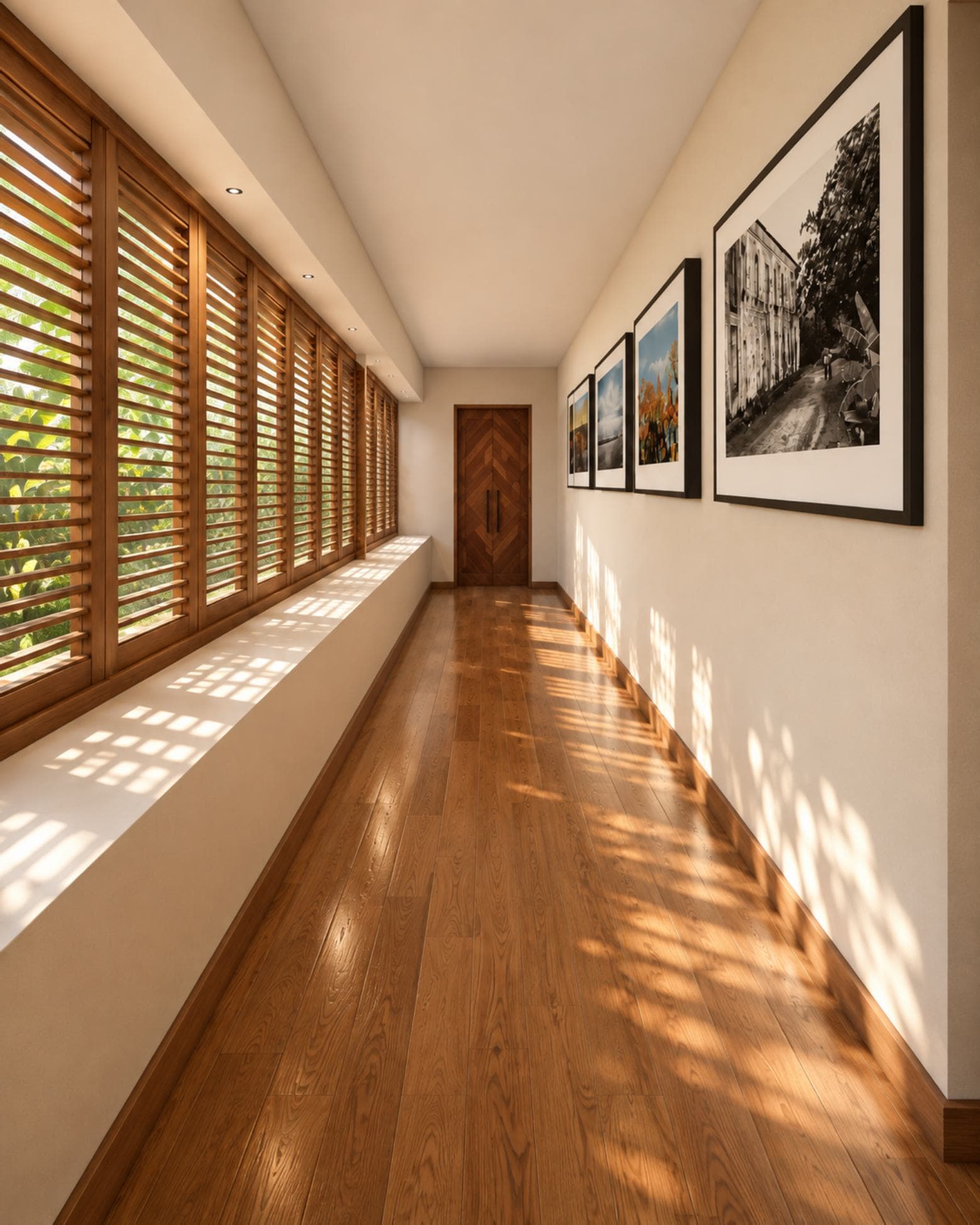 Templers Road 60/1, Mount Lavinia — corridor with timber louvre shutters and a gallery wall of framed art