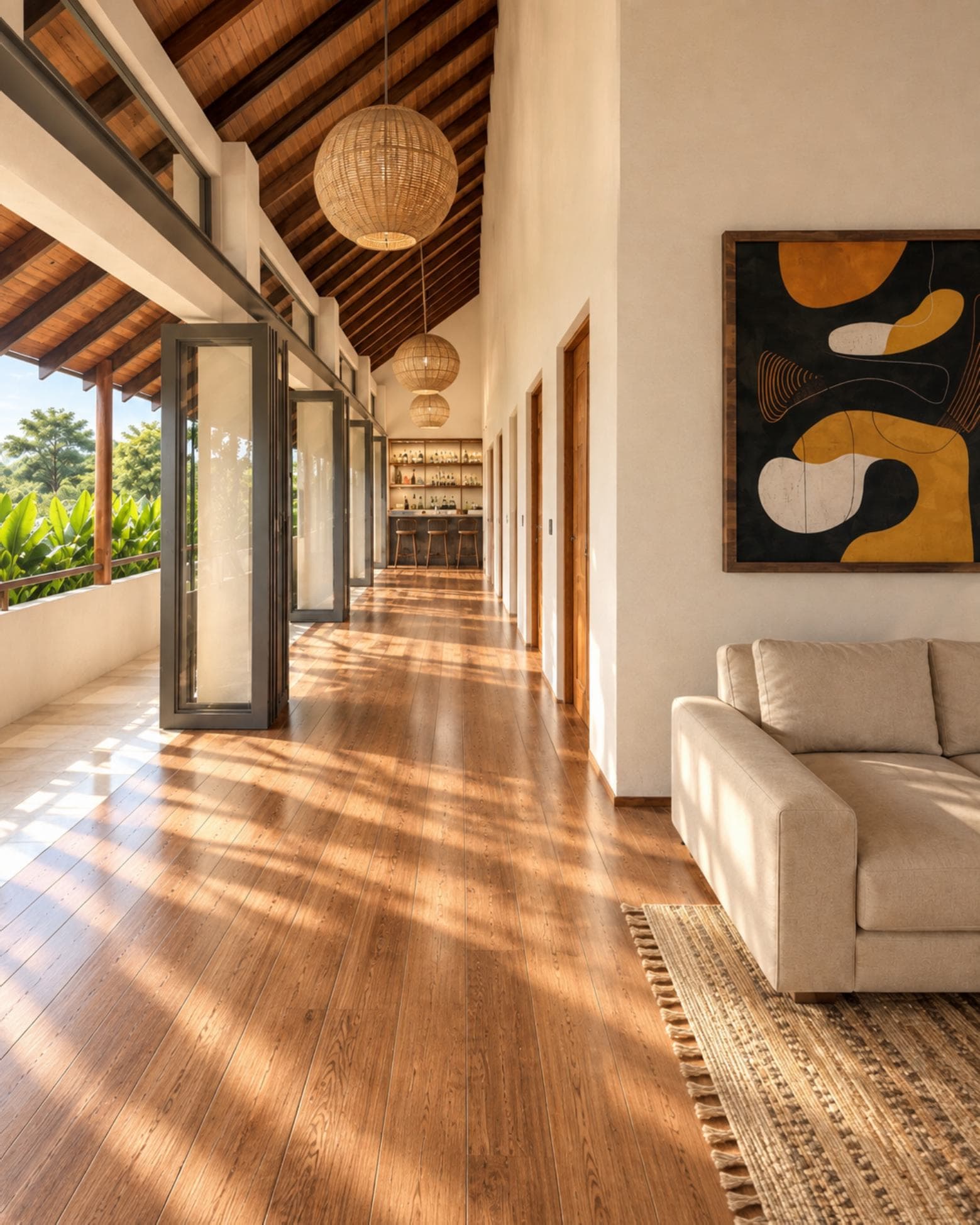 Templers Road 60/1, Mount Lavinia — upper-floor gallery corridor under a vaulted timber ceiling, leading to the bar