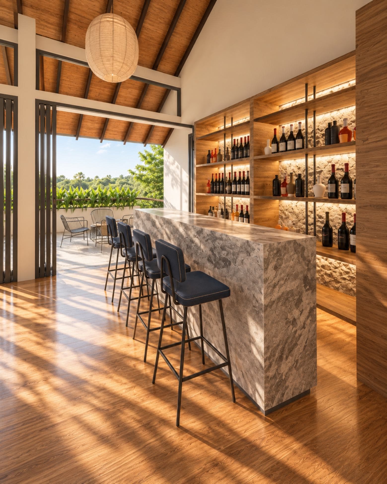 Templers Road 60/1, Mount Lavinia — home bar with marble counter and backlit timber wine shelving