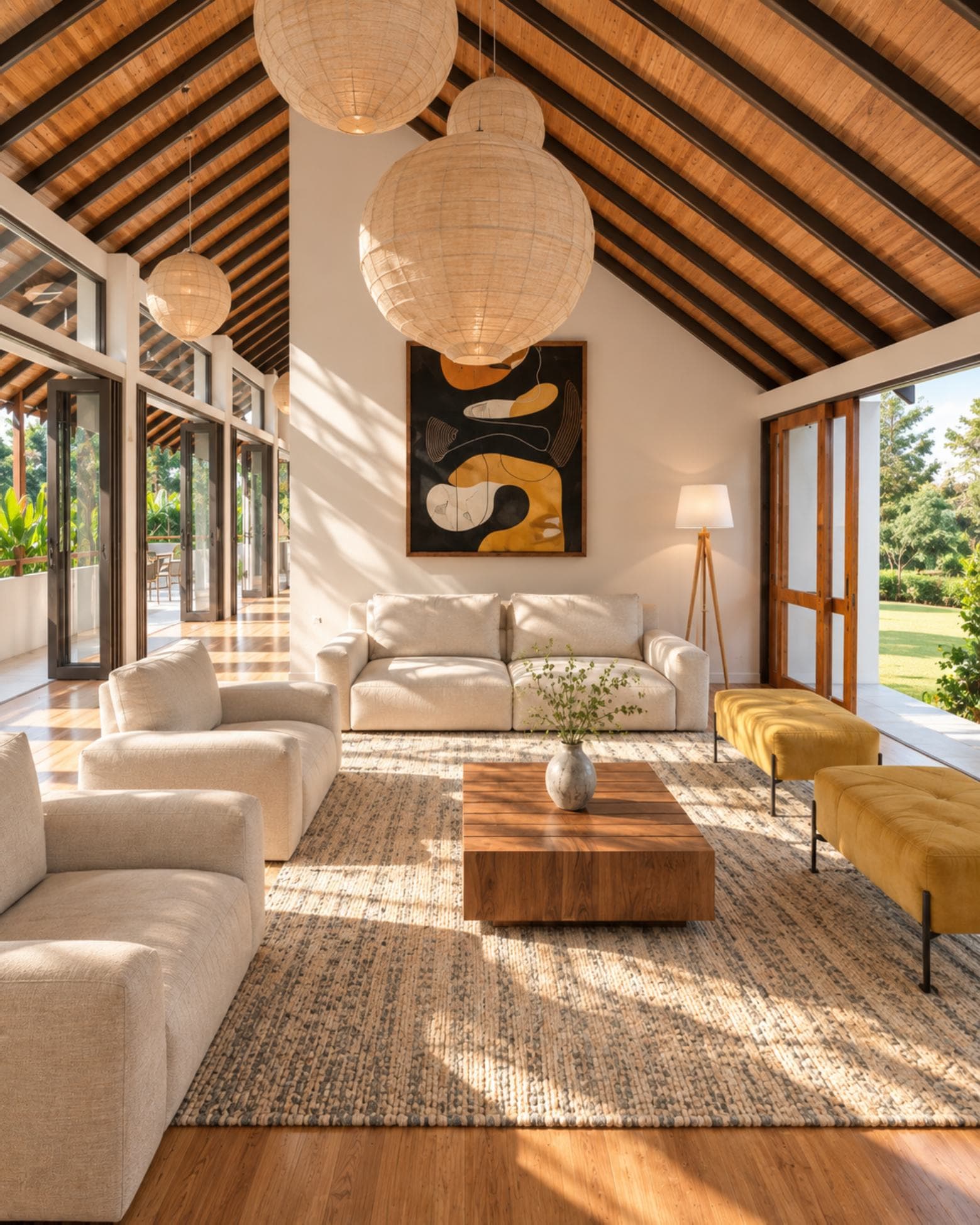 Templers Road 60/1, Mount Lavinia — upper lounge under the vaulted timber ceiling, woven pendant lights