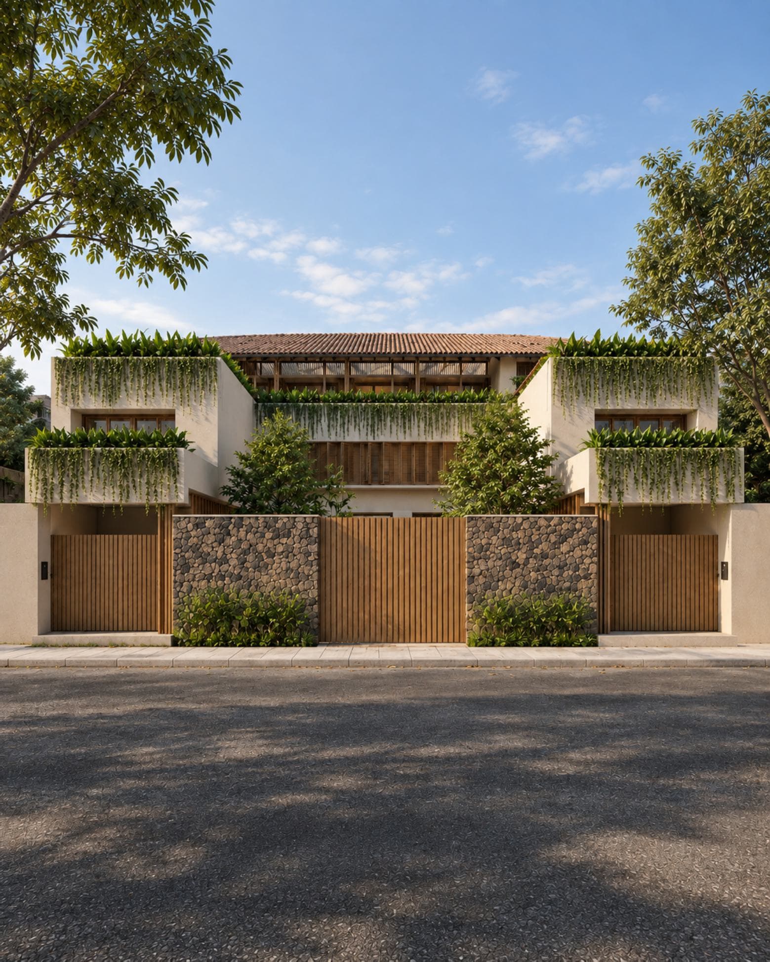 Templers Road 60/1, Mount Lavinia — symmetrical twin-gated street elevation, terracotta tile roof and cascading vine planters