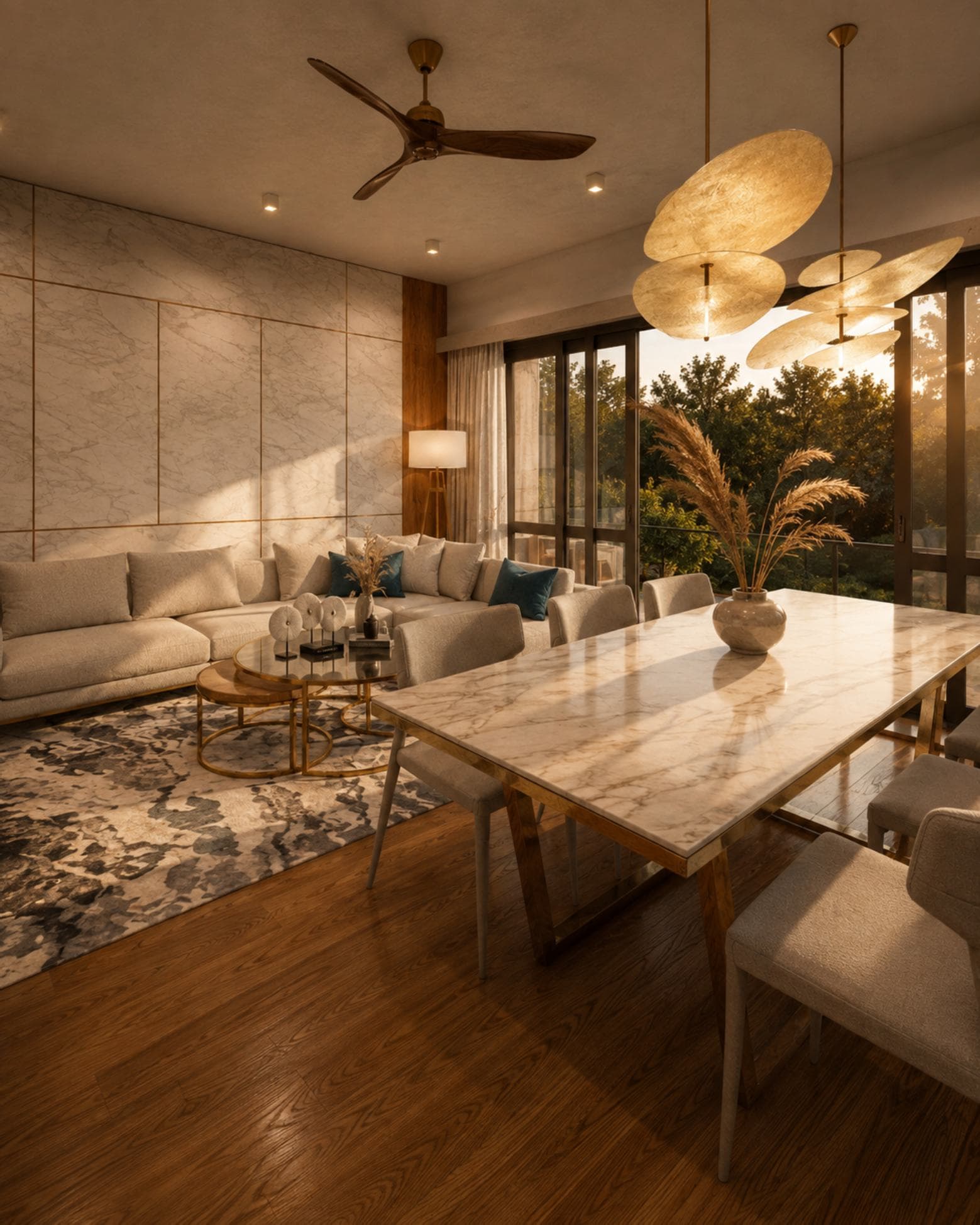 Vivienda, De Seram Road, Mount Lavinia — open living and dining with a marble feature wall