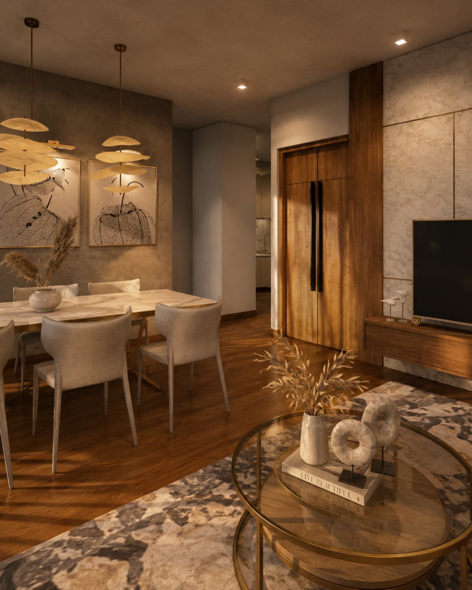 Vivienda, De Seram Road, Mount Lavinia — dining table beside the living room's media wall