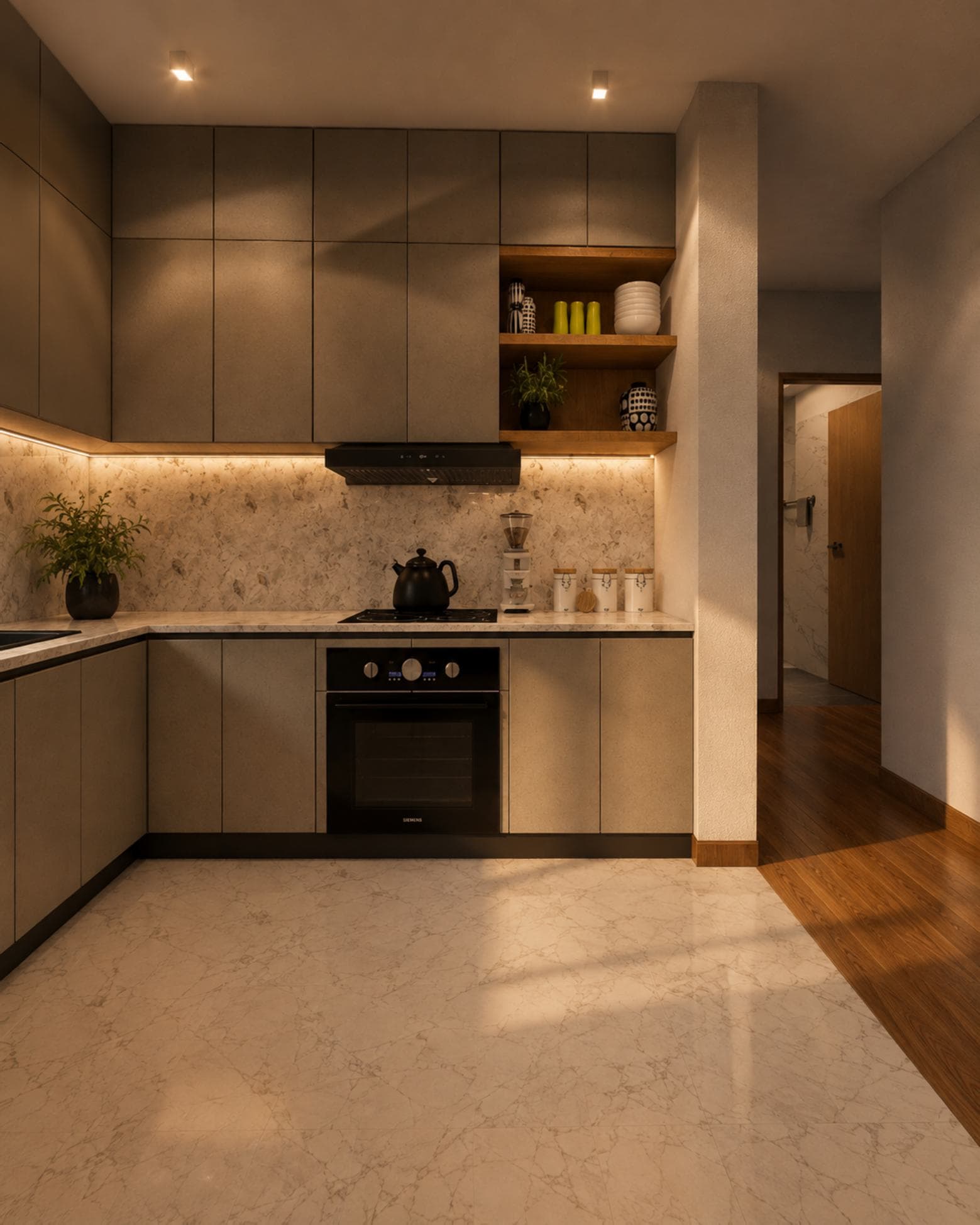 Vivienda, De Seram Road, Mount Lavinia — kitchen with open shelving and marble splashback