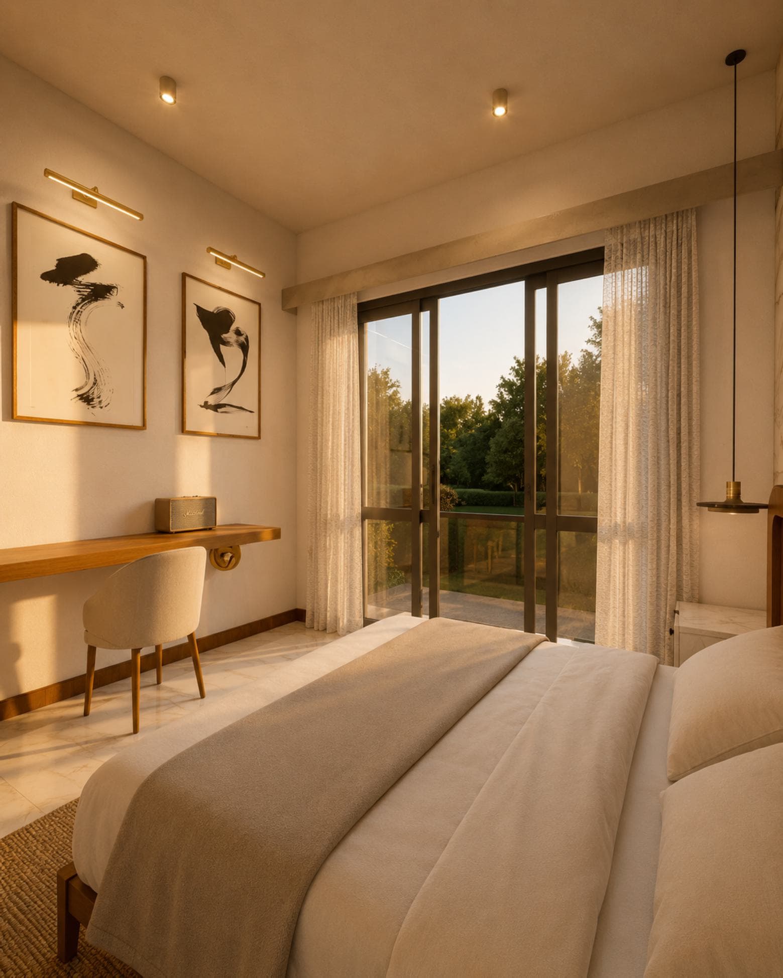 Vivienda, De Seram Road, Mount Lavinia — bedroom with study desk and balcony doors
