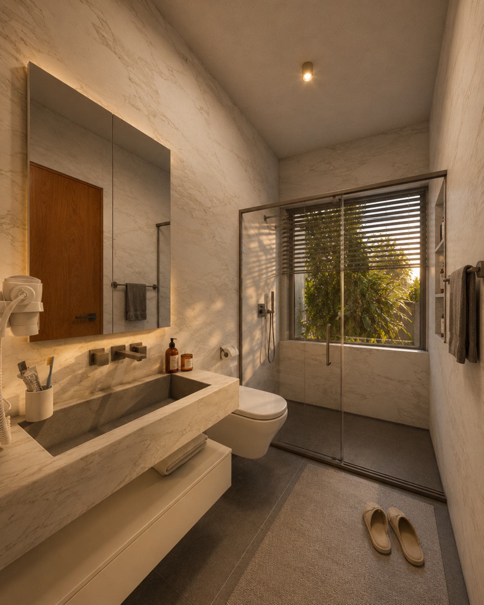 Vivienda, De Seram Road, Mount Lavinia — bathroom with stone vanity and walk-in shower