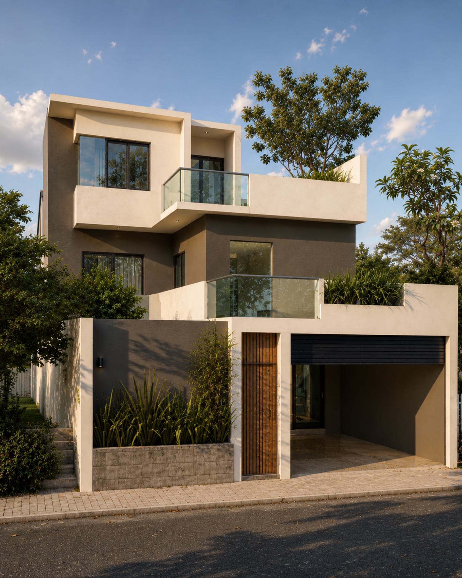 No. 48, Third Lane, Ratmalana — stepped street elevation with timber entrance screen and carport